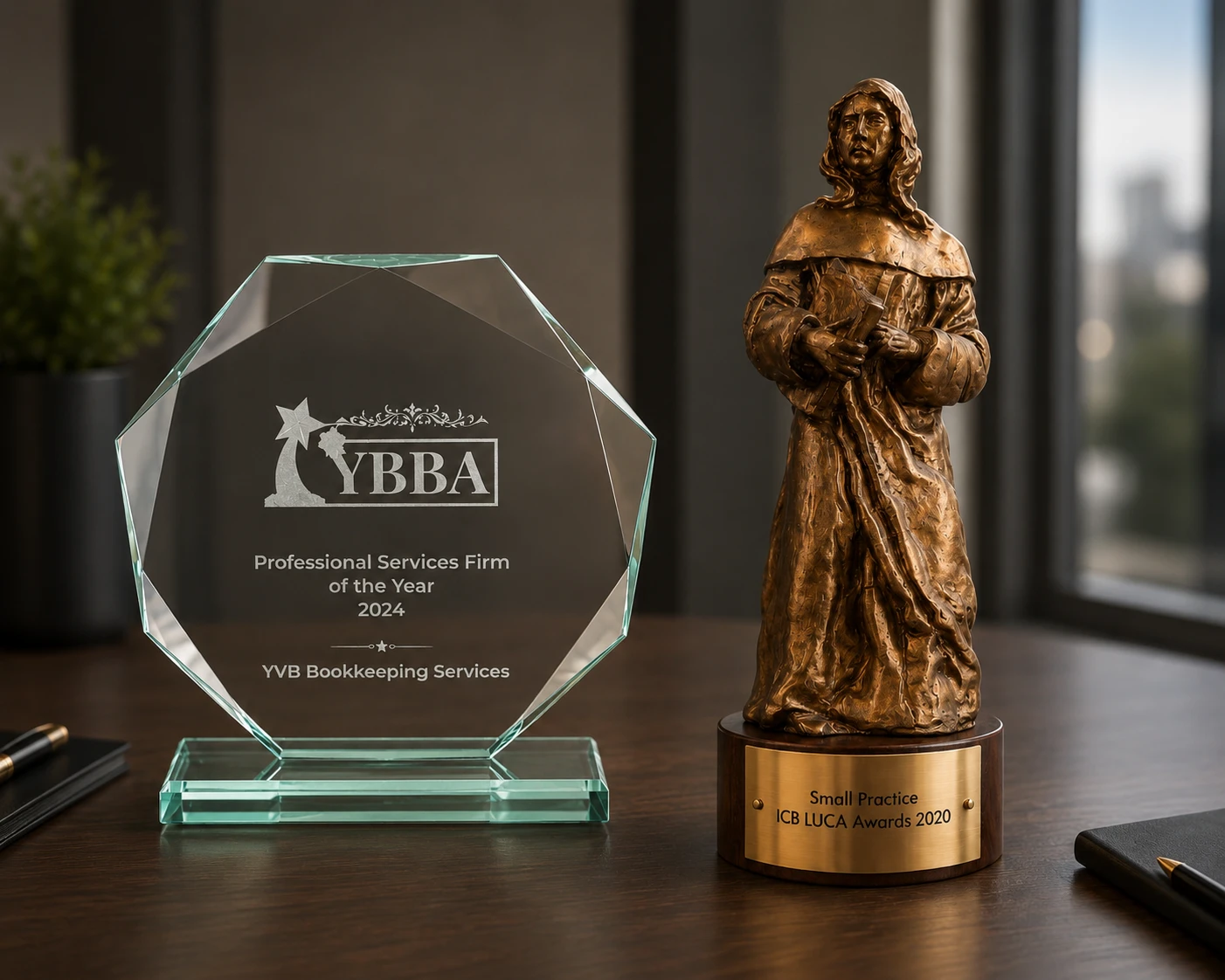 The YBBA Professional Services Firm of the Year 2024 award and the ICB Luca Awards 2020 trophy
