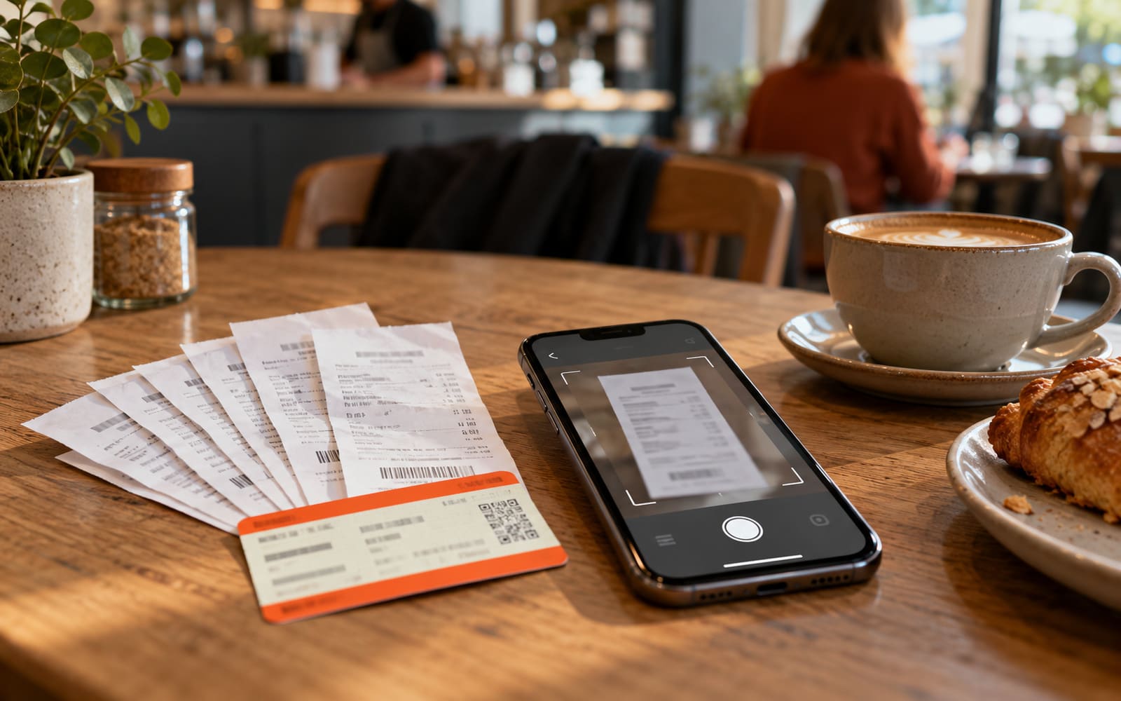 Paper receipts and a train ticket beside a phone scanning a receipt on a cafe table