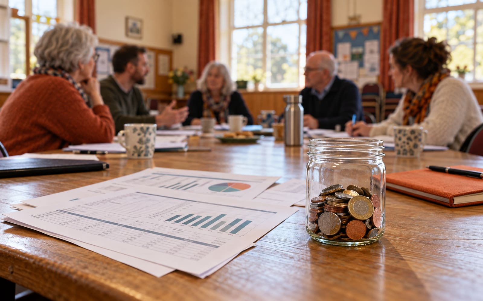 A trustees' meeting around a community-hall table with printed accounts and a jar of donation coins