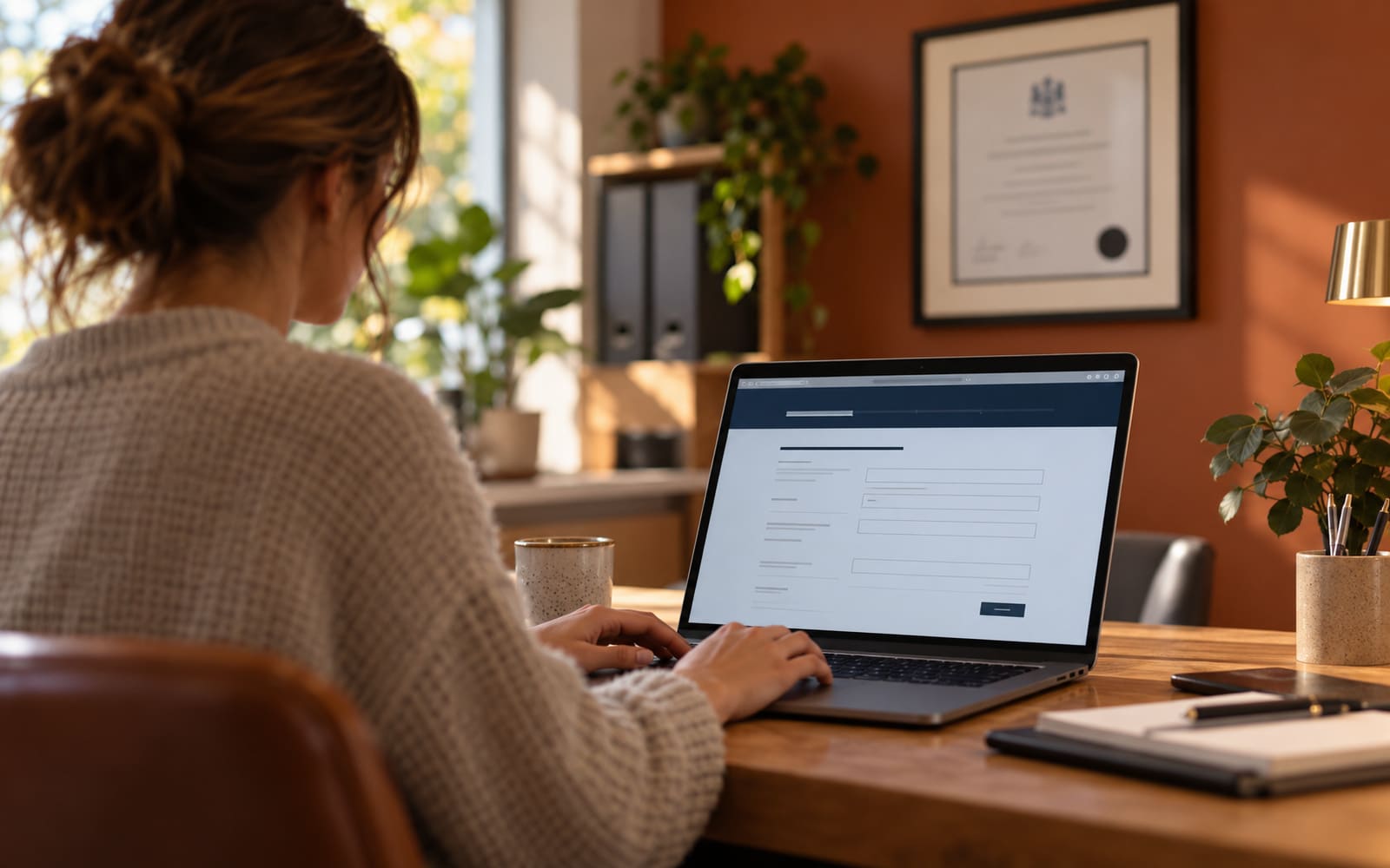 A laptop open on an online filing form with a framed company certificate on the wall behind