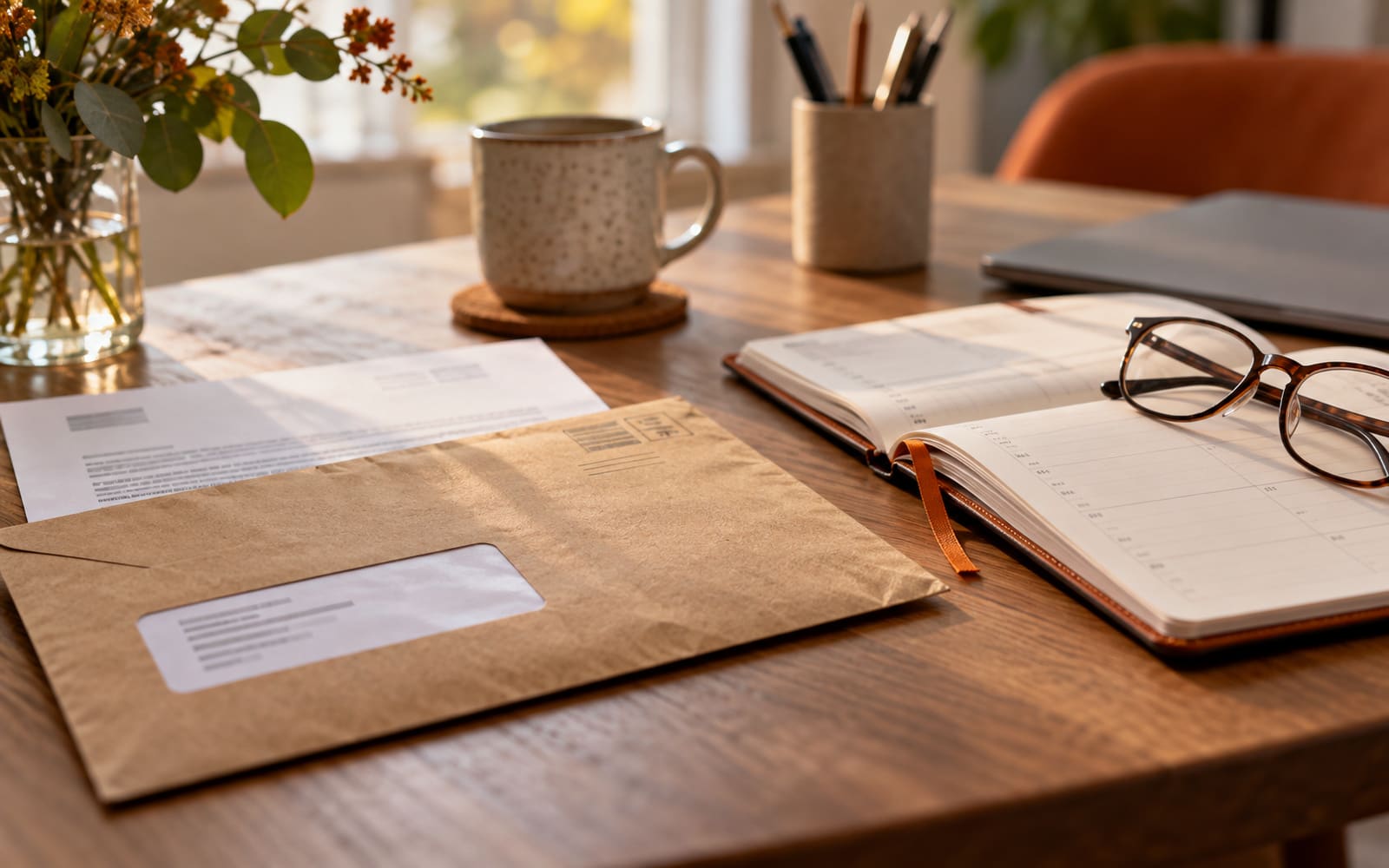 A brown official envelope and letter beside an open diary and reading glasses