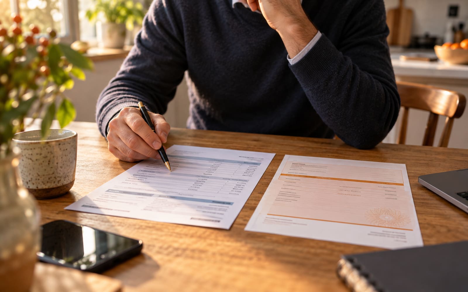 A company director at a kitchen table comparing a payslip and a dividend voucher