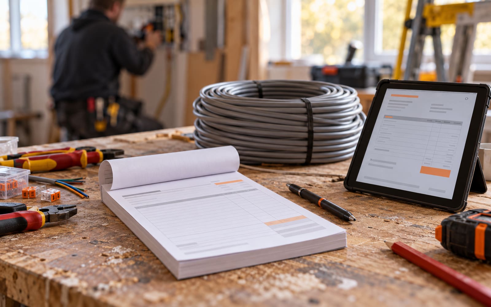 An invoice pad and a coil of cable on an electrician's workbench beside a tablet