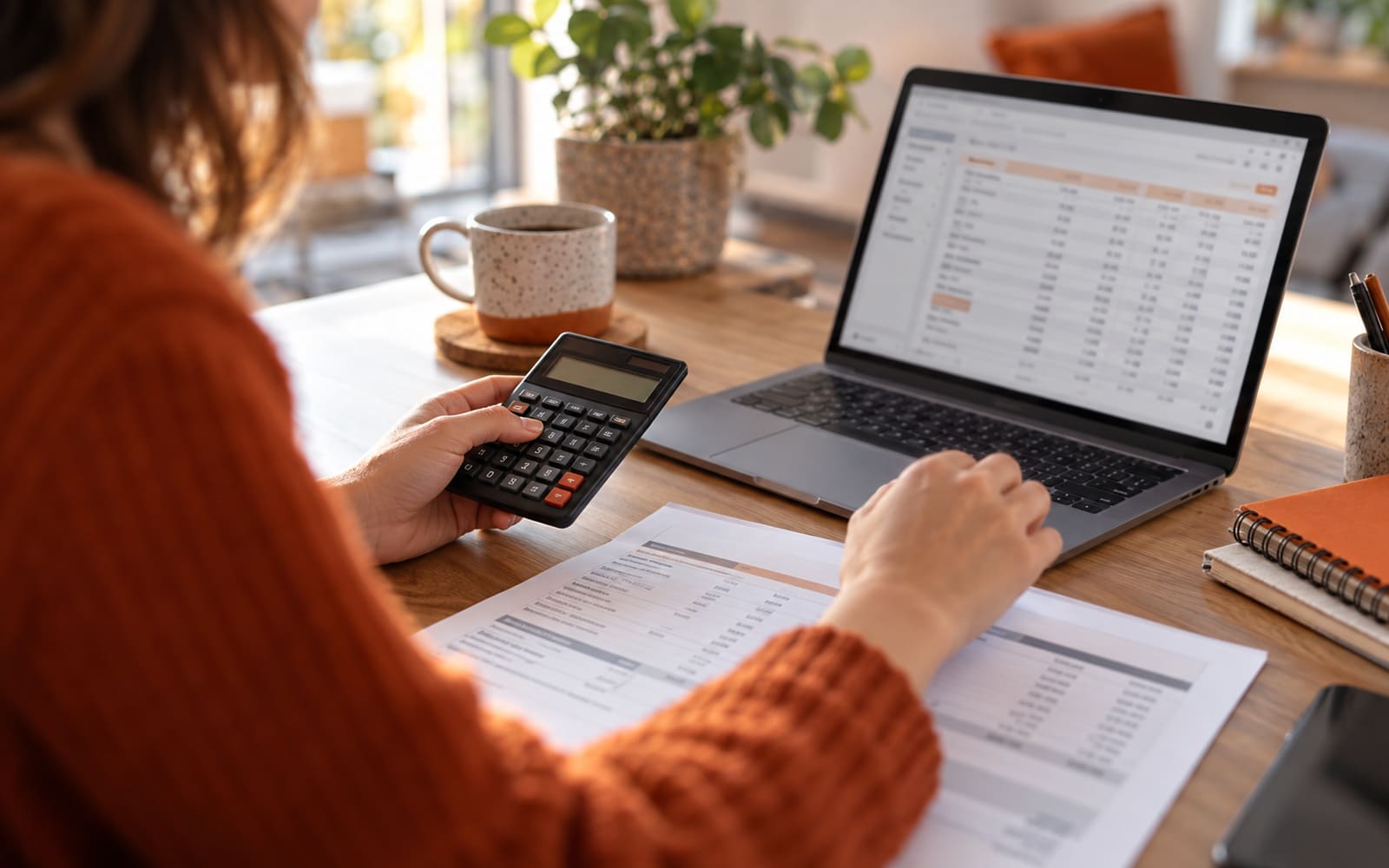 A business owner reviewing a payroll summary on a laptop with a calculator and payslip