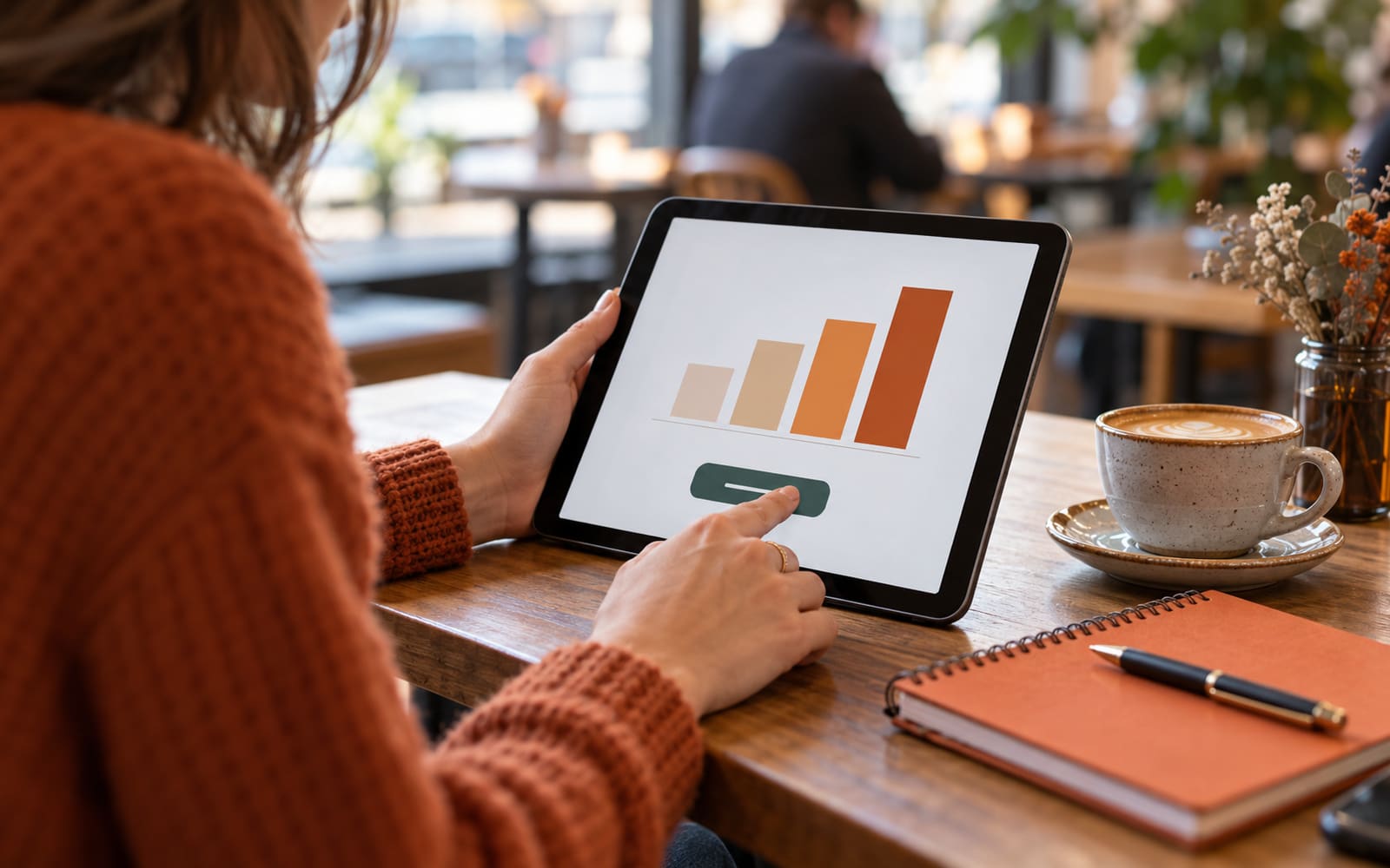 A sole trader at a cafe table submitting figures on a tablet showing a quarterly bar chart