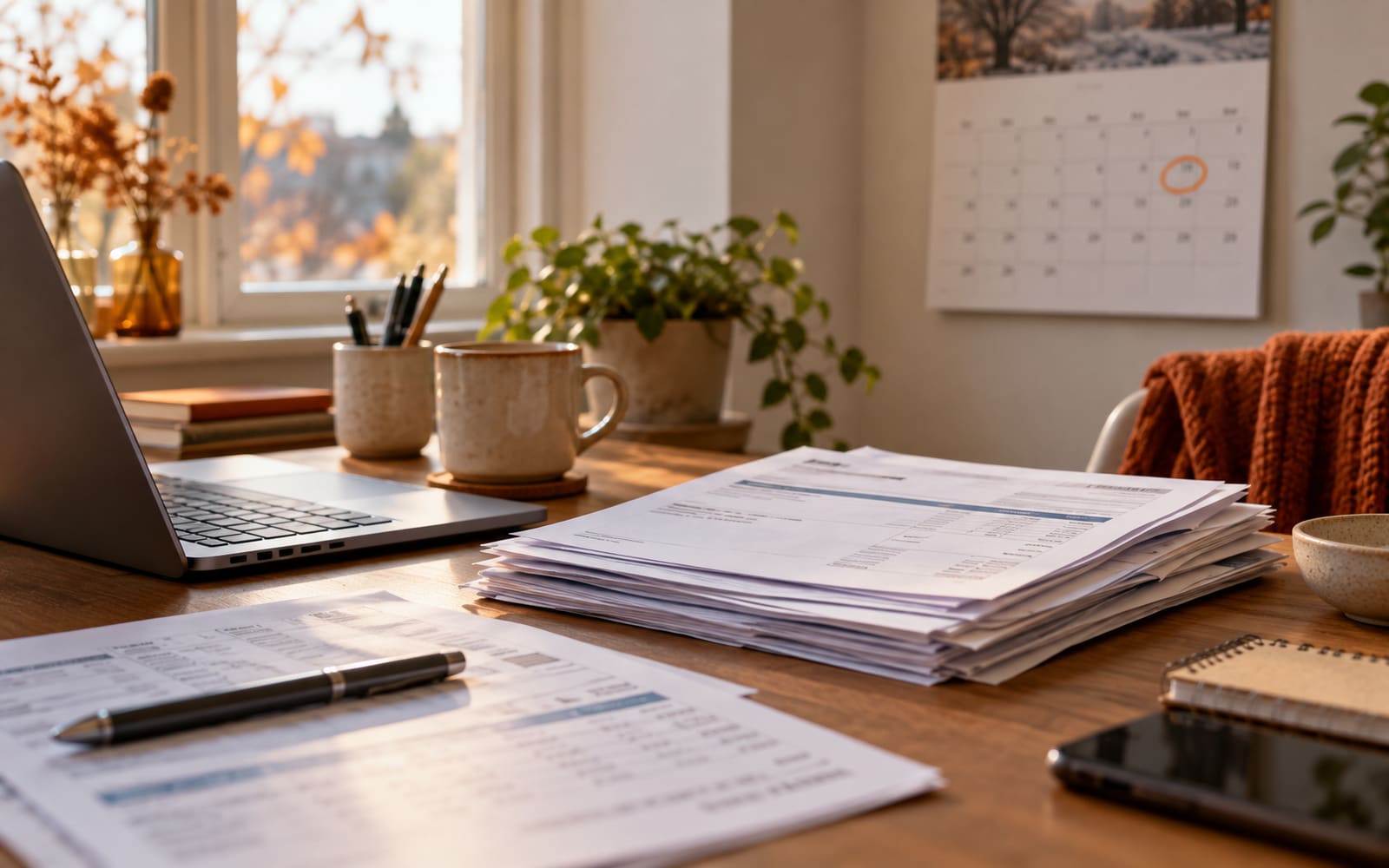 A home desk in autumn light with a laptop, a stack of tax paperwork and a wall calendar with a January date ringed