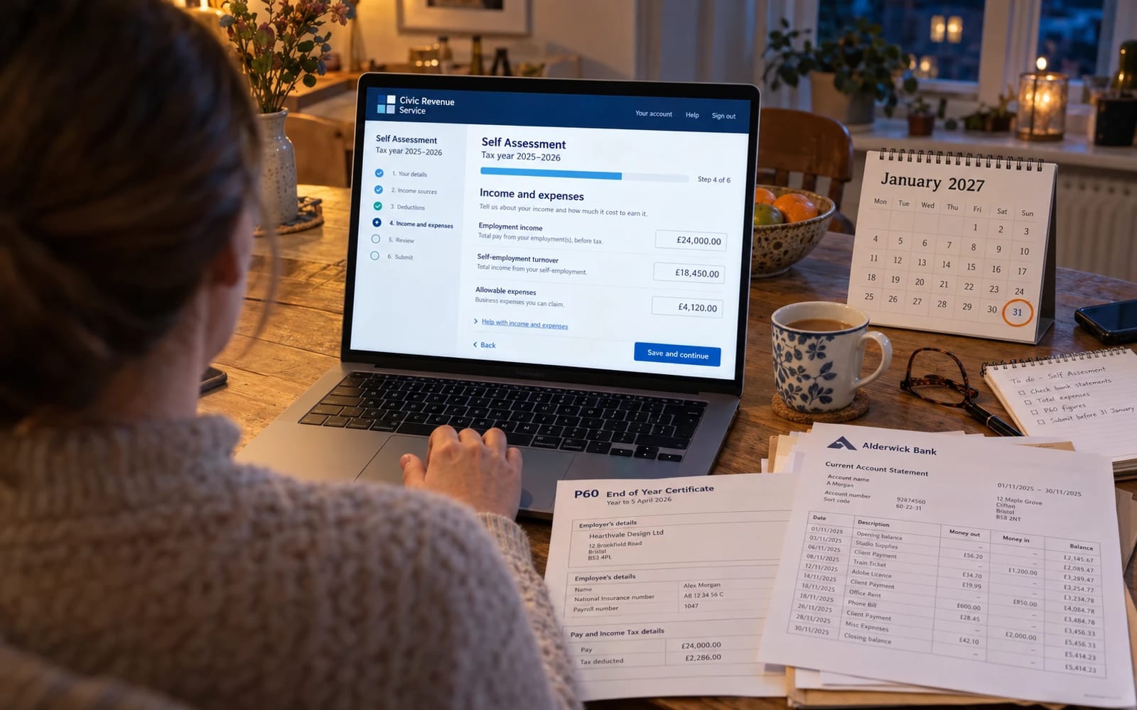 Someone completing an online Self Assessment return at a kitchen table with a P60, bank statement and a calendar showing 31 January