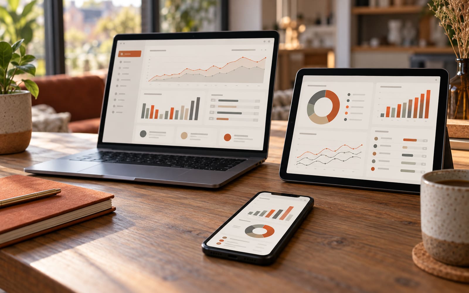 A laptop, tablet and phone on a desk each showing a different accounting dashboard