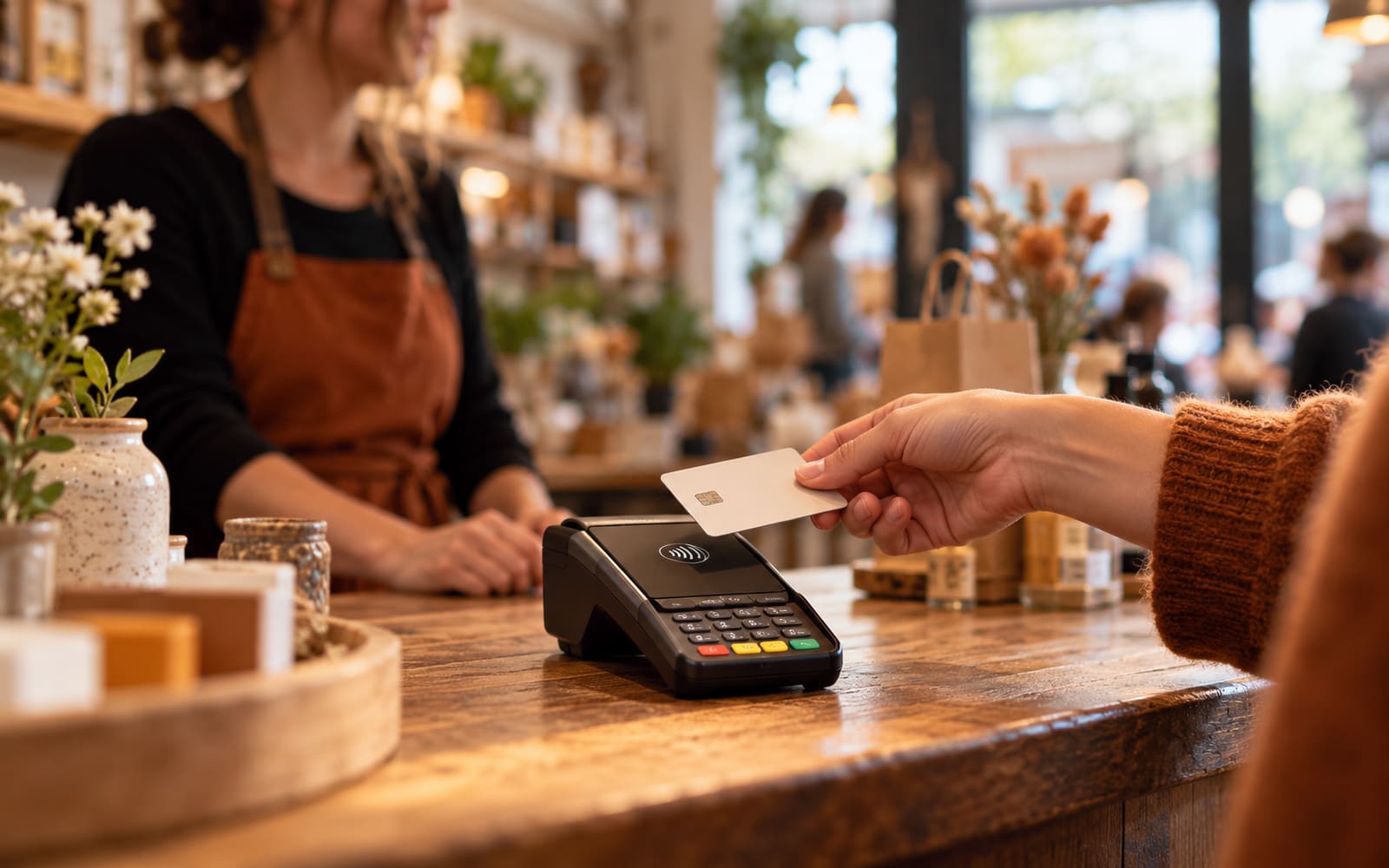 A contactless card payment at an independent shop counter