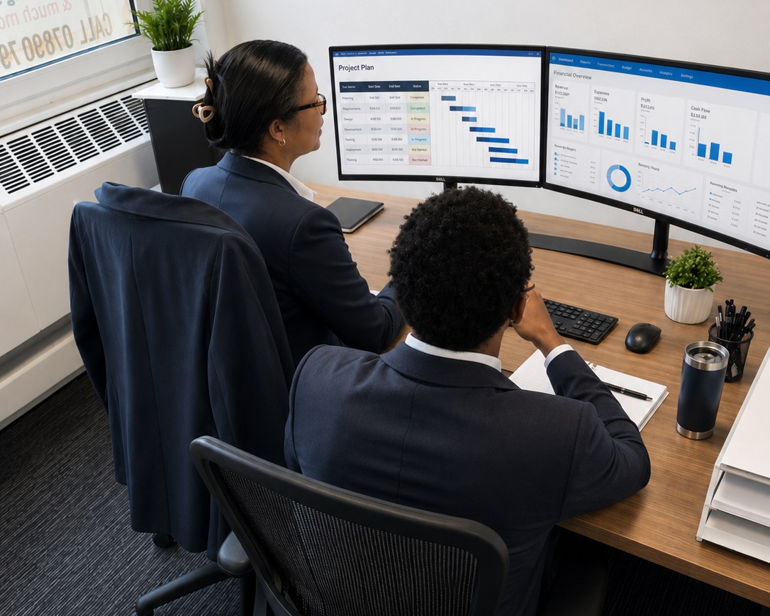 Two accountants reviewing a project plan and financial dashboards on dual monitors