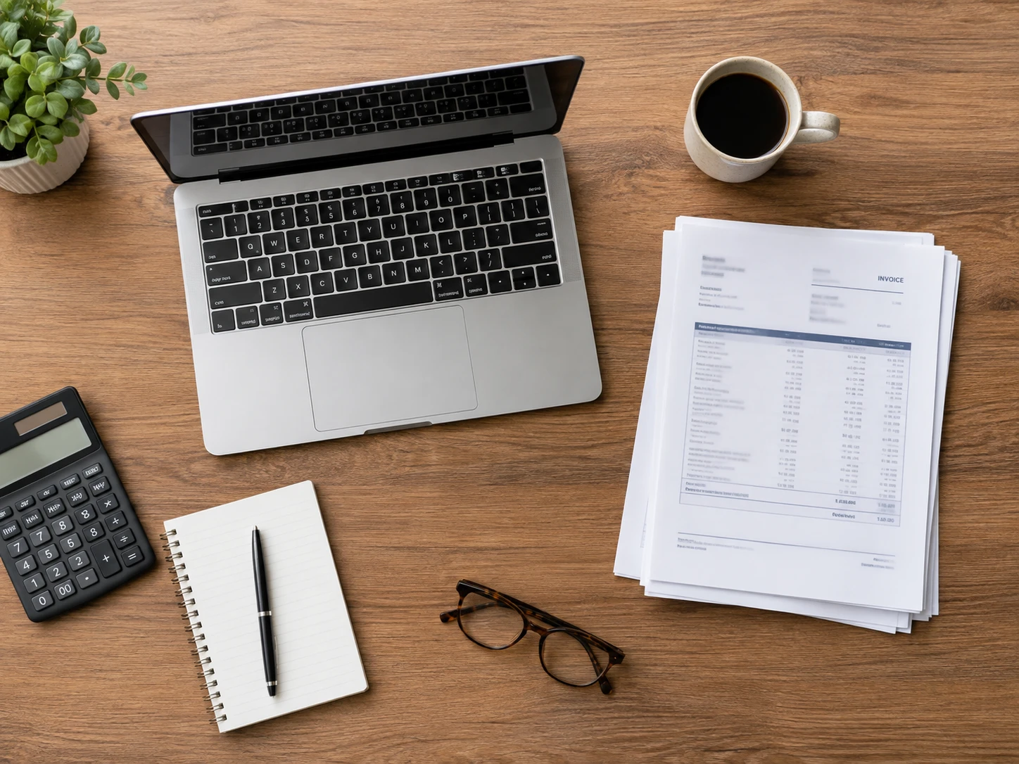 A tidy desk with laptop, invoices, notebook and coffee