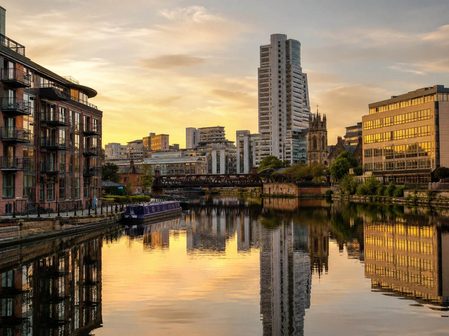 Leeds waterfront skyline at golden hour