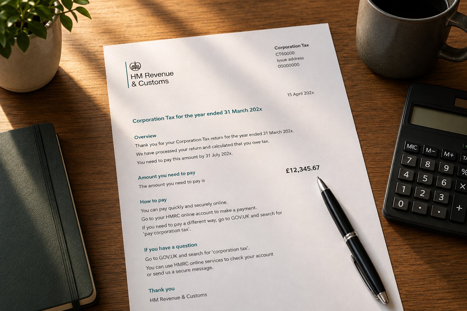 A Corporation Tax letter from HMRC on a desk