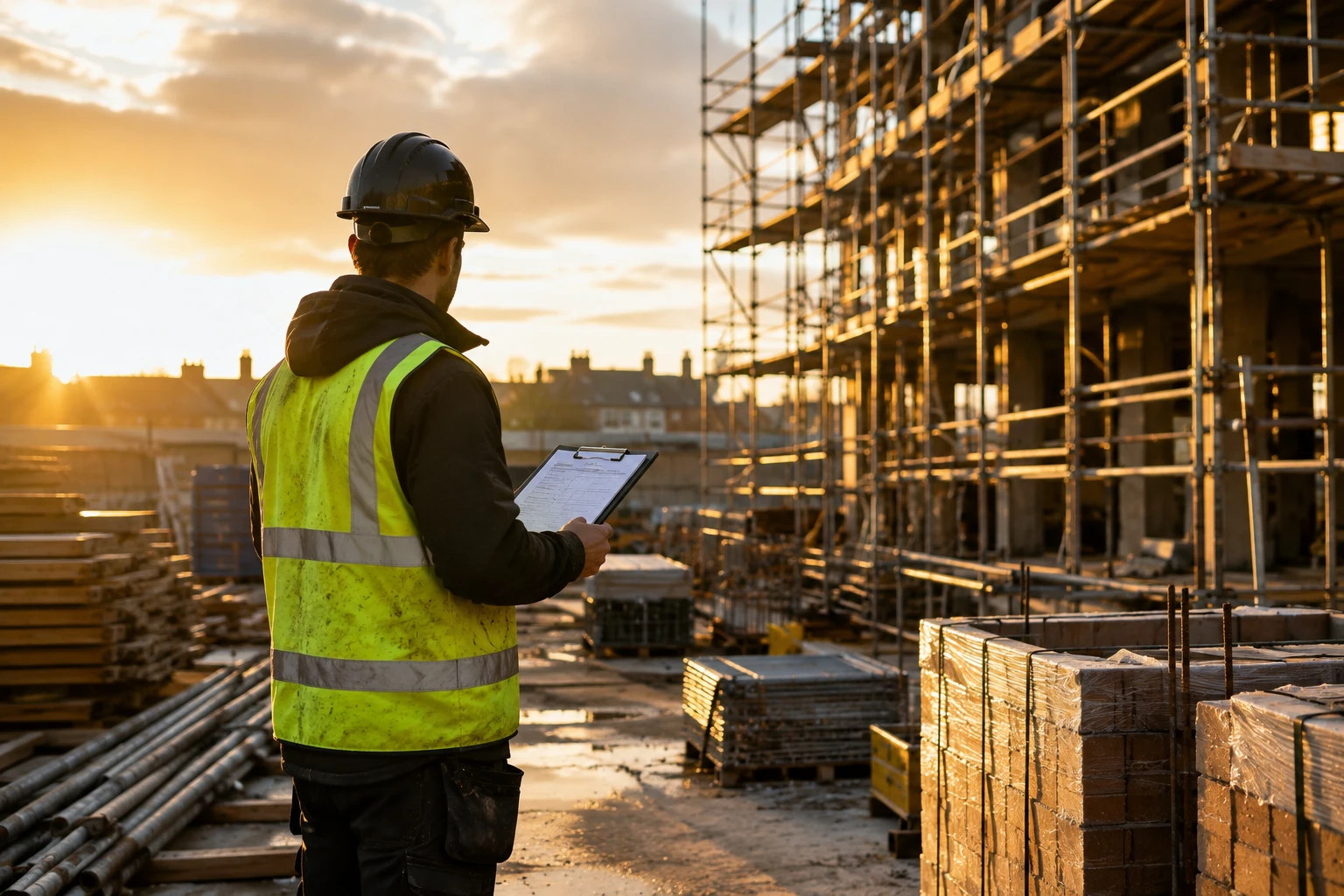 A subcontractor in hi-vis checking paperwork on a construction site